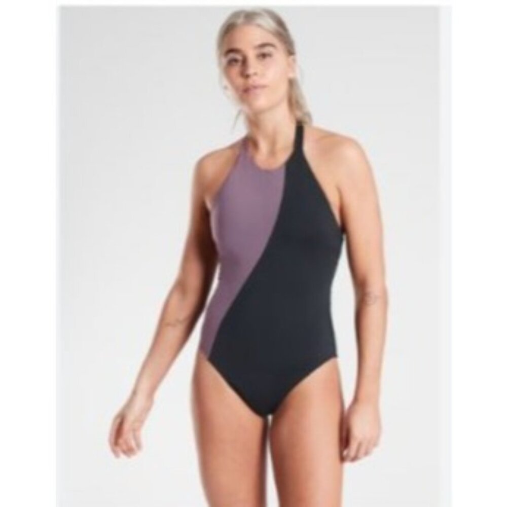 Athleta Womens Halter One-Piece Swimsuit Black Purple Color block size small S